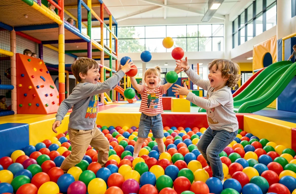 Trois enfants jouant dans une piscine à balles colorée au Kiny Parc, parc de jeux indoor en Moselle