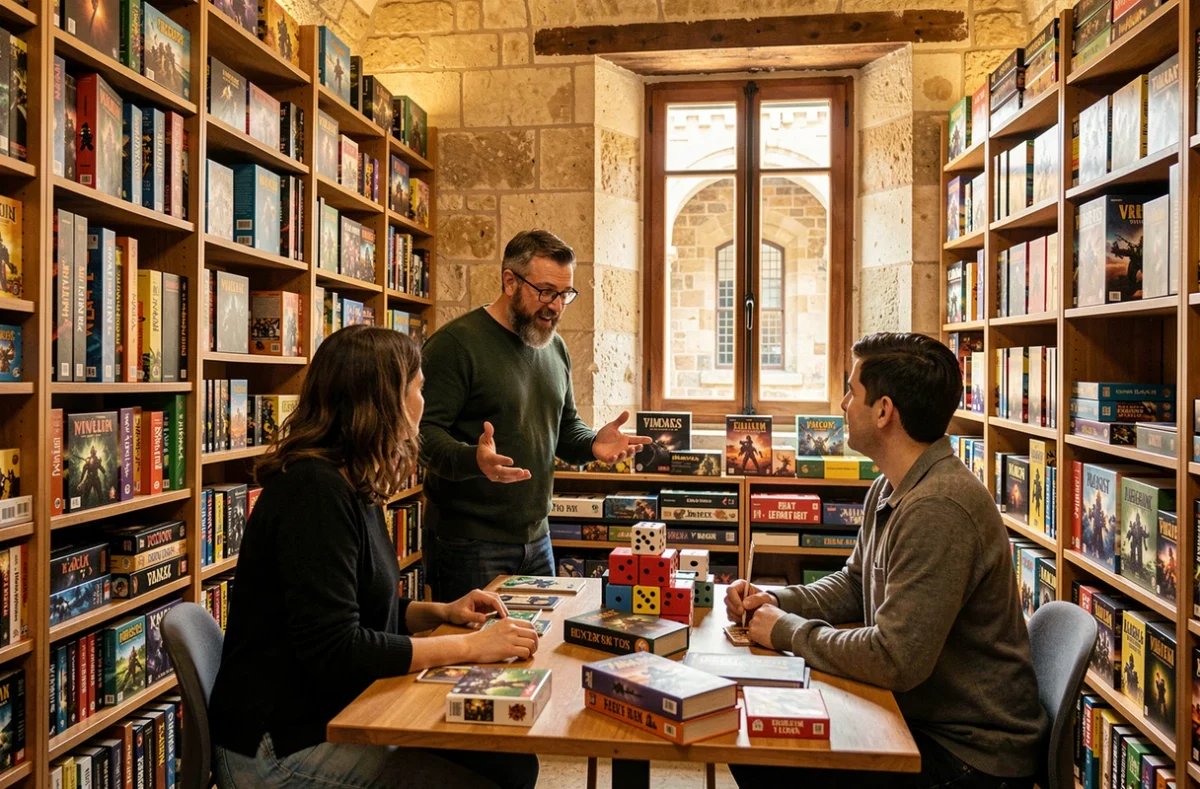 Intérieur de La Vouivre à Avignon, spécialisée en jeux de société, avec des rayons remplis de boîtes de jeux colorées