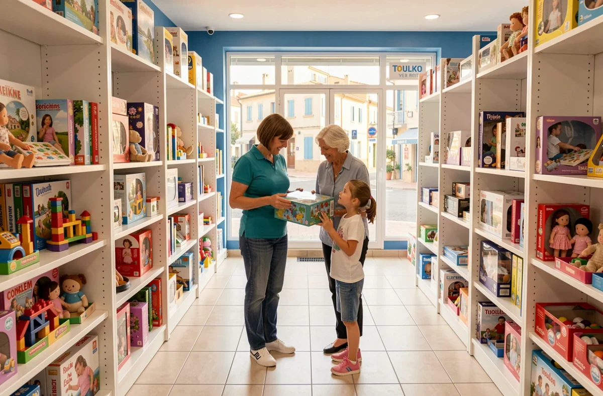 Le Paradis des Enfants à Toulon, magasin de jouets spacieux avec des rayons variés et une vendeuse aidant une cliente et sa petite-fille