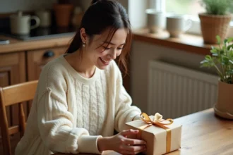 Jeune femme rédigeant une lettre annonce de grossesse posée sur une table en bois avec un coffret cadeau emballé