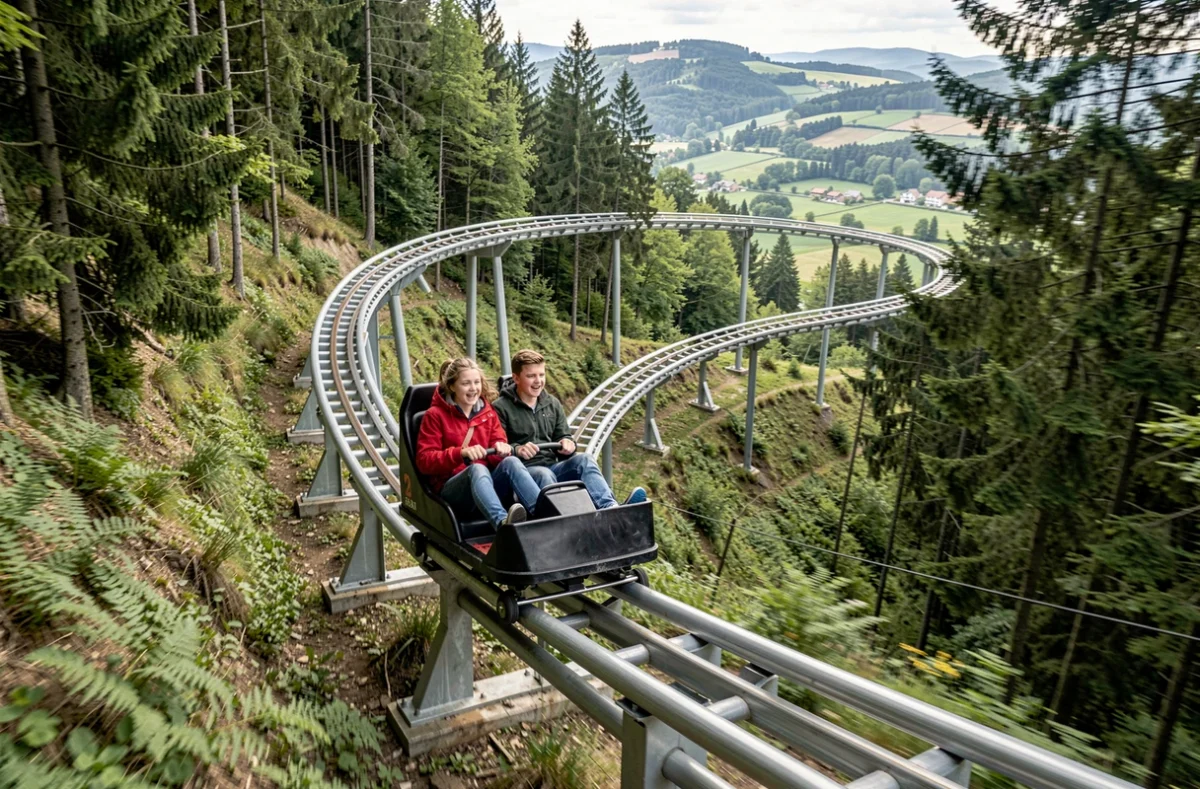 Deux adolescents en descente sur une luge alpine coaster dans un cadre forestier en Moselle, attraction de glisse en plein air