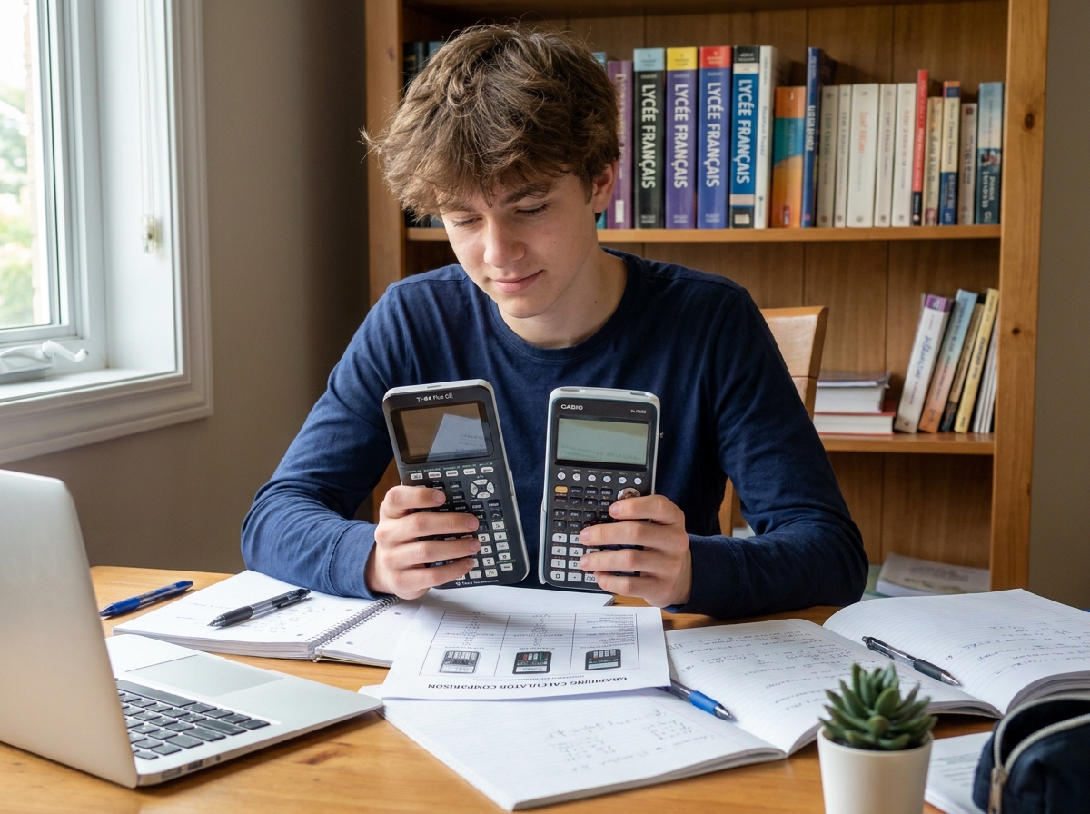 Lycéen comparant deux calculatrices graphiques sur son bureau à la maison pour choisir selon sa filière