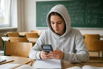 Lycéenne tenant une calculatrice scientifique dans une salle de classe, choisissant sa calculatrice selon sa filière