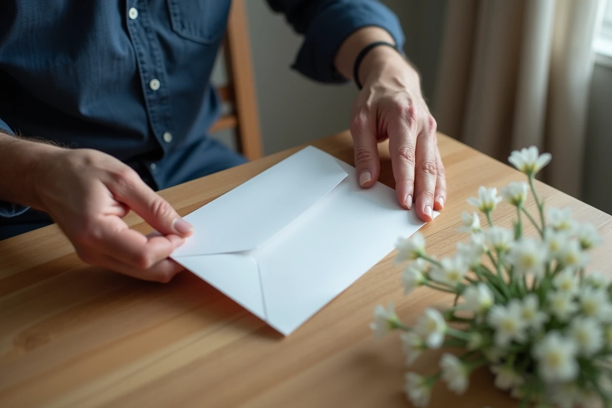 Mains posant une lettre de deuil sur une table avec des fleurs blanches de condoléances