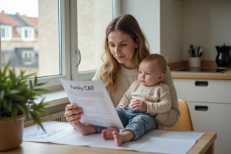 Jeune maman française avec bébé regardant document CAF