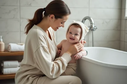 Jeune maman tenant son bébé dans une salle de bain moderne