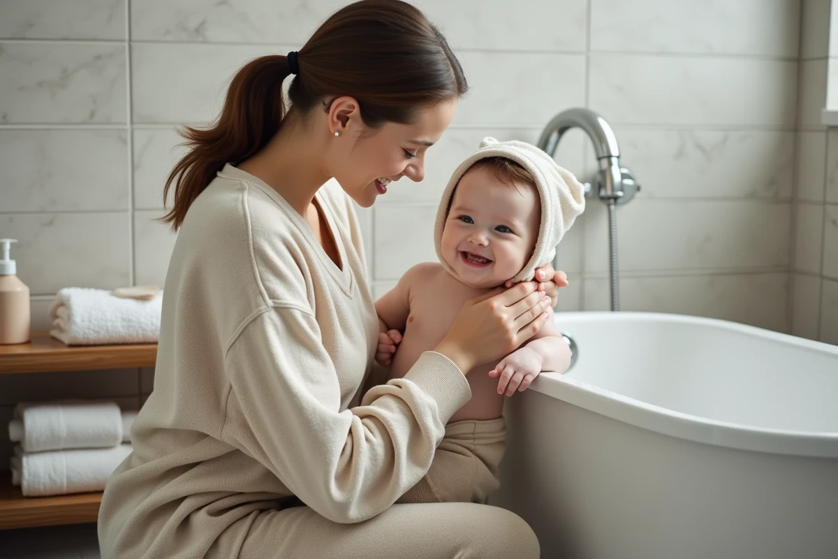 Jeune maman tenant son bébé dans une salle de bain moderne