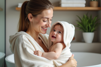 Maman souriante enveloppant son bébé dans une serviette