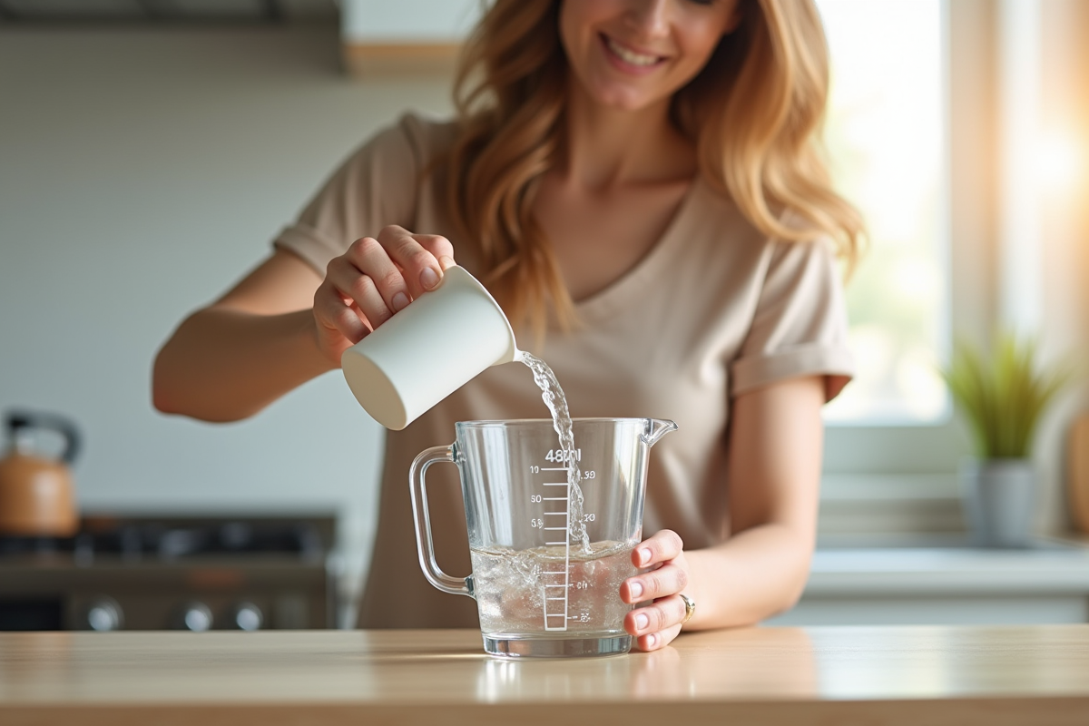 Maman versant de l'eau dans un verre mesureur lumineux
