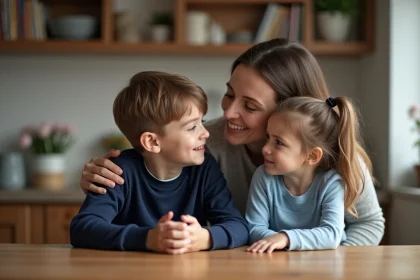 Maman avec ses enfants à la table de cuisine chaleureuse