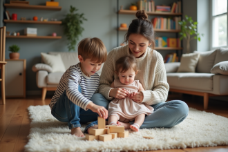 Maman assise avec ses enfants dans un salon chaleureux