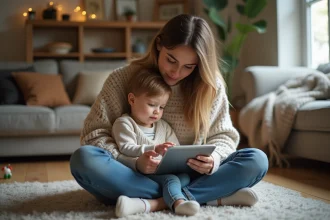 Maman et enfant regardant une tablette ensemble dans le salon