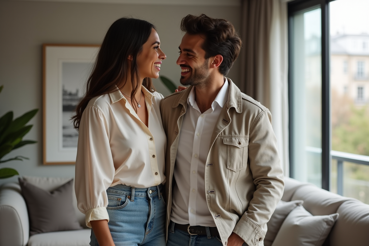 Fille et mère riant dans un salon moderne