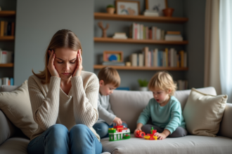 Maman frustrée assise sur le canapé avec enfants qui jouent