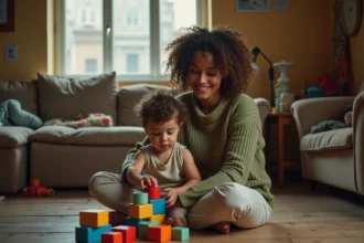 Maman solo souriante jouant avec son enfant en bas âge dans un salon chaleureux et modeste