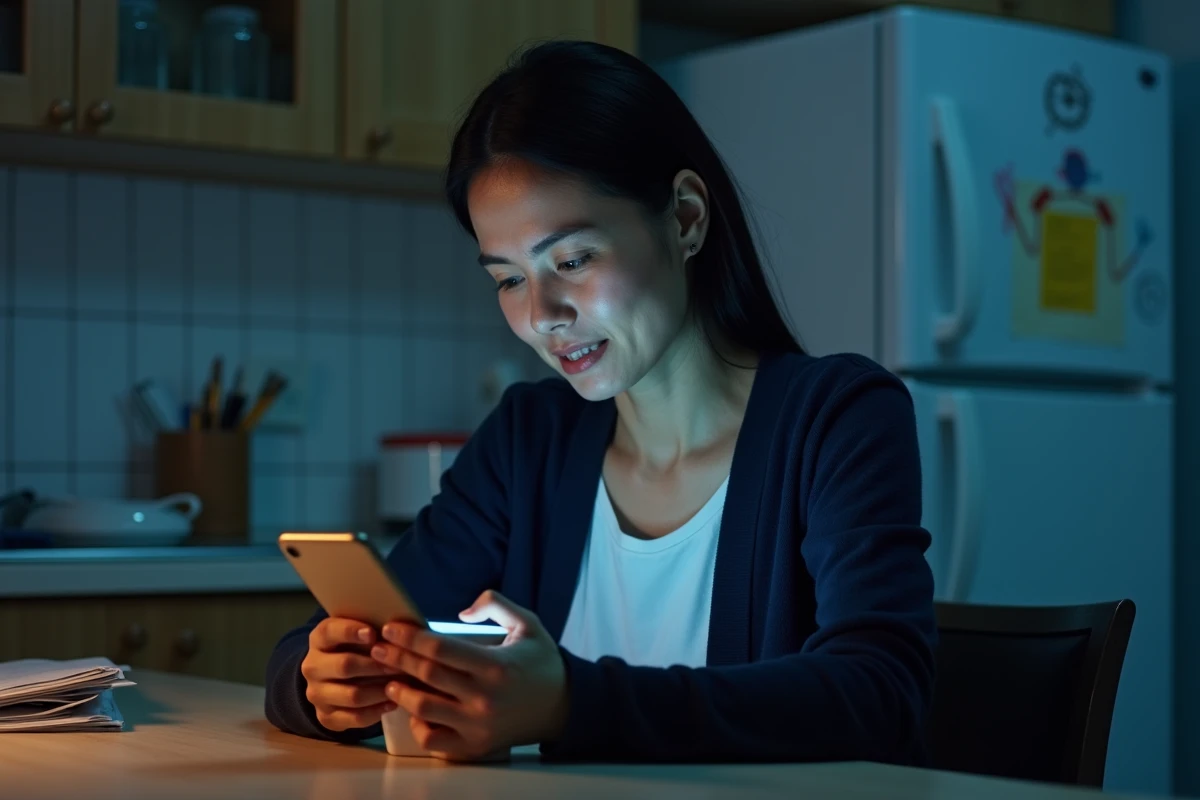Maman solo seule le soir dans sa cuisine consultant une communauté de soutien sur son téléphone