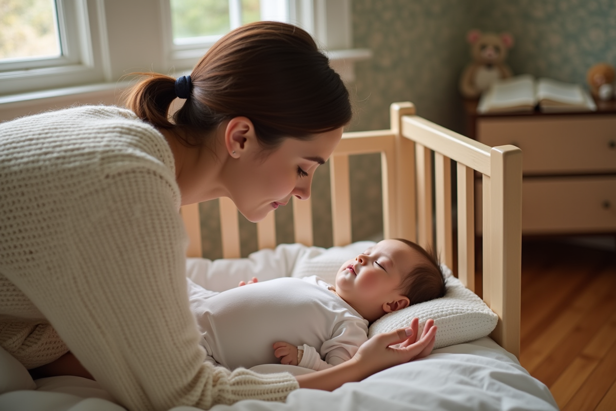Maman regardant tendrement son bébé dans le lit