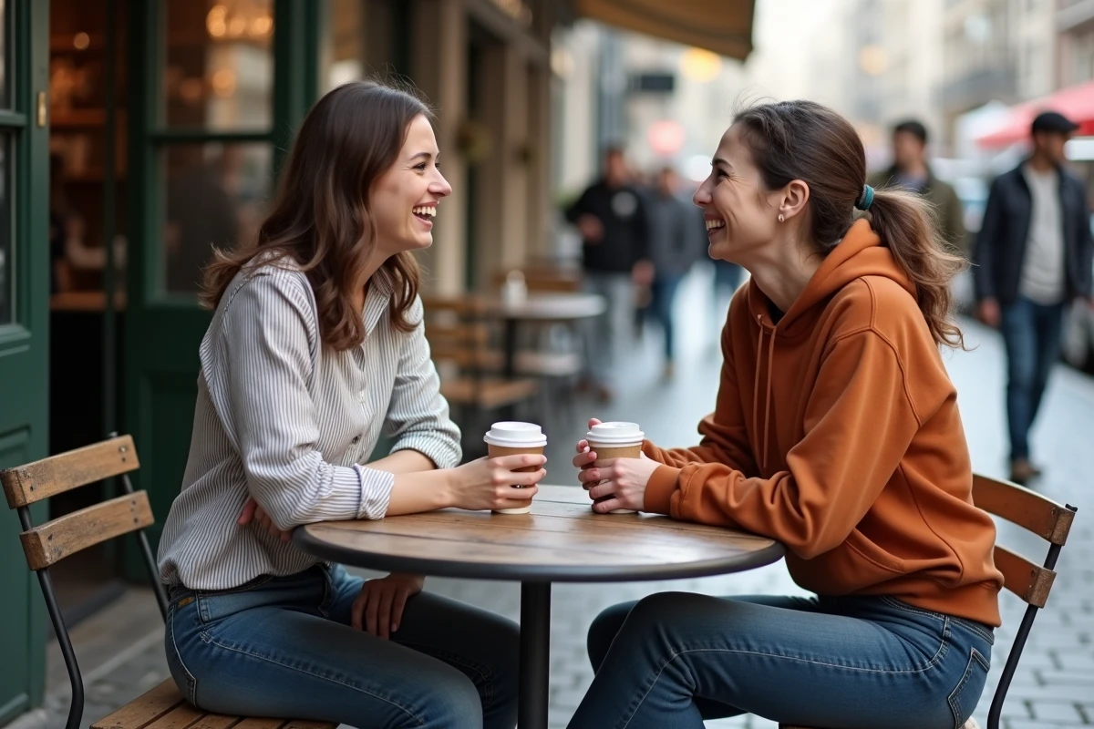 Deux mamans solos complices partageant un café en terrasse et riant ensemble