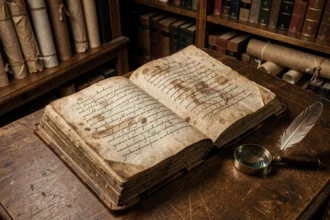 Manuscrit historique ancien ouvert sur une table en chêne, illustrant les chroniques de l'époque d'Henri IV