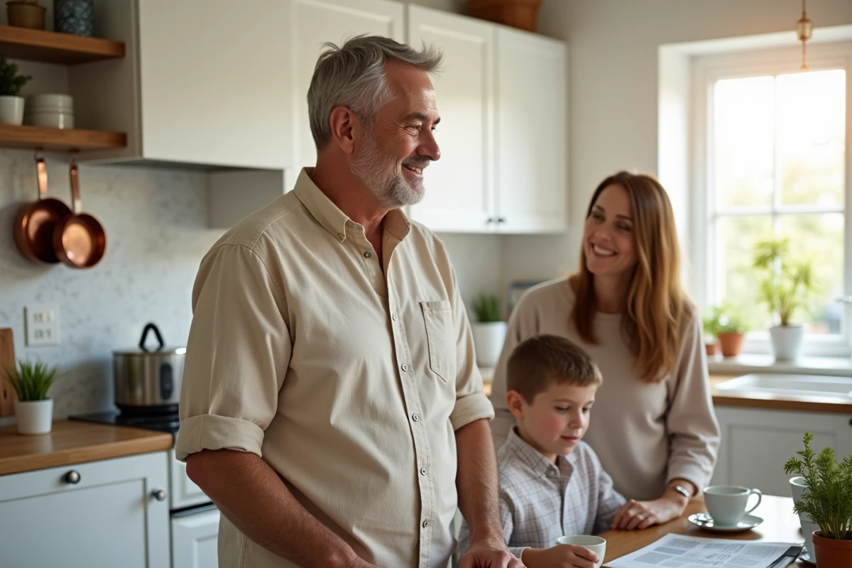 Scène de vie familiale dans une cuisine moderne, homme aux cheveux gris partageant un moment avec sa famille autour du petit-déjeuner