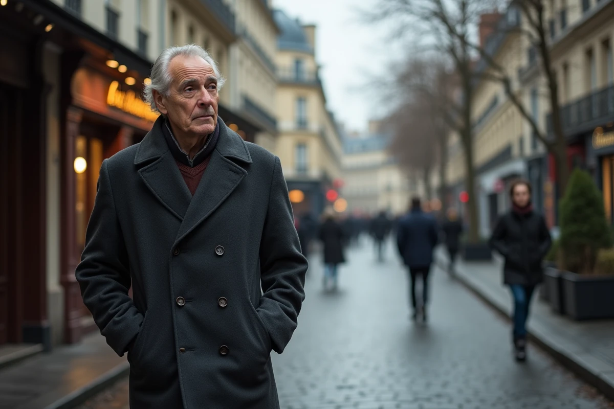 Homme élégant aux cheveux gris marchant dans une rue parisienne pavée en automne, ambiance urbaine discrète et mélancolique