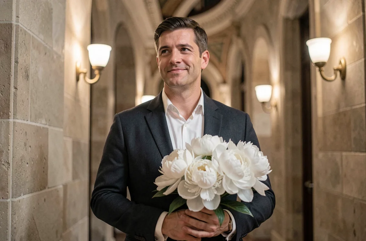 Homme élégant en coulisses d'un opéra tenant un bouquet de fleurs blanches, illustrant le soutien discret d'un mari dans les coulisses du monde lyrique