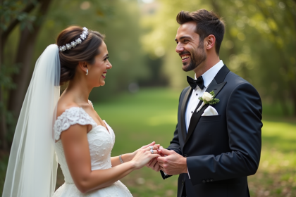 Homme souriant échangeant des alliances lors d'un mariage en extérieur