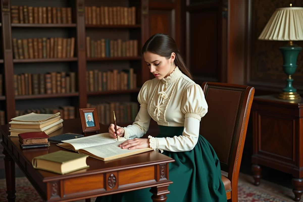 Femme en tenue victorienne lisant des lettres manuscrites dans un cabinet de travail du XIXe siècle, évoquant la correspondance historique de Marie Valérie d'Autriche