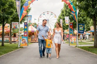Une famille heureuse avec deux enfants à l'entrée d'un parc de loisirs en Moselle, illustrant le top 10 des parcs pour enfants de la région