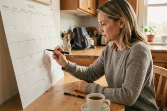Mère planifiant le calendrier scolaire semaines paires et impaires en garde alternée sur un agenda papier