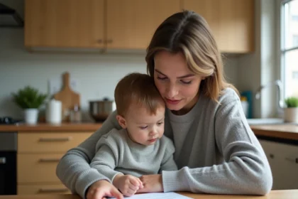 Mère en congé parental relisant des documents administratifs avec son enfant en bas âge sur les genoux dans une cuisine familiale