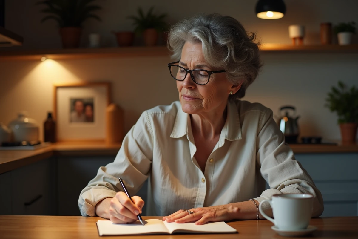 Mère écrivant un message d'anniversaire tendre pour sa fille de 20 ans absente à distance depuis la cuisine familiale