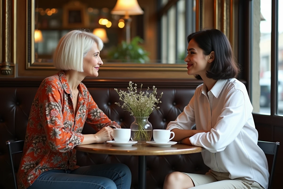 Deux femmes de générations différentes en conversation dans une brasserie française, symbolisant la transmission mère-fille