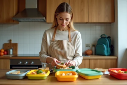 Mère préparant des repas maison dans des boîtes à lunch colorées pendant une grève de la cantine scolaire