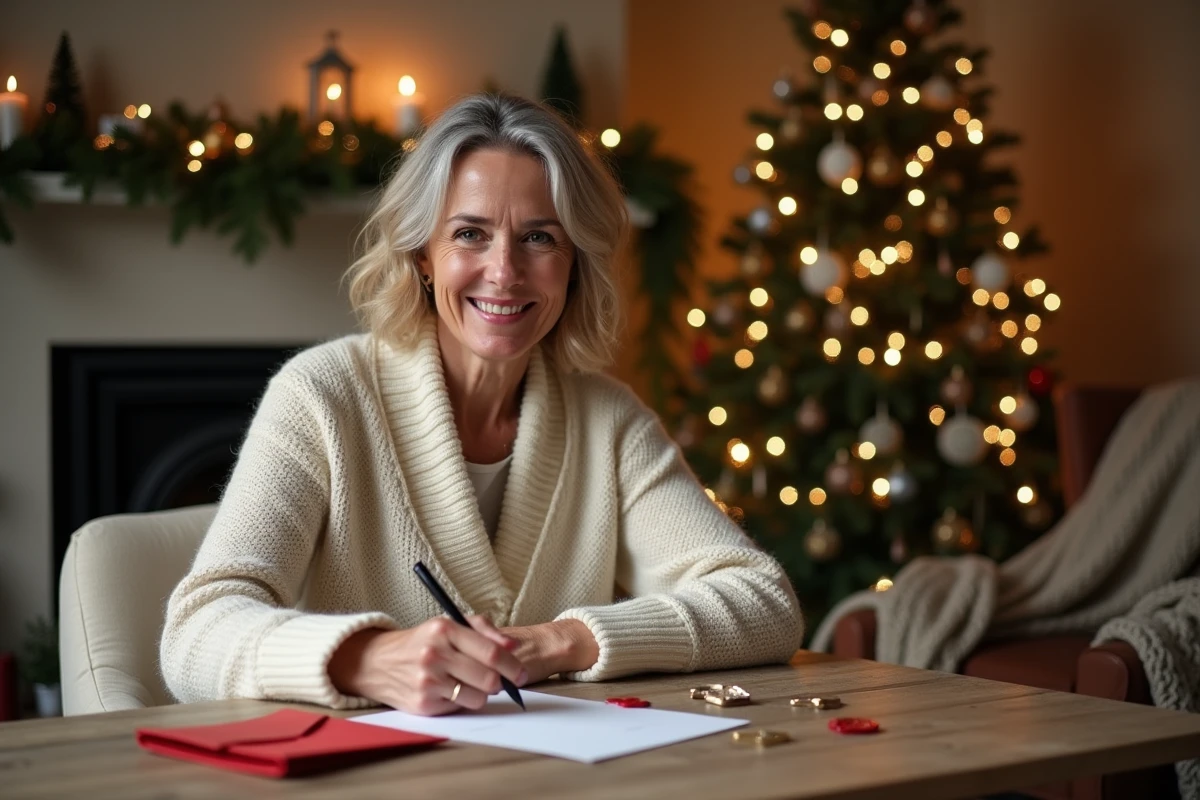 Mère rédigeant une réponse du Père Noël à la main dans un salon décoré pour les fêtes