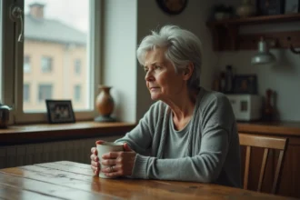 Mère d'une cinquantaine d'années assise seule à une table en bois, tenant une tasse, regard pensif vers la fenêtre, exprimant la tristesse d'un lien brisé avec son fils adulte