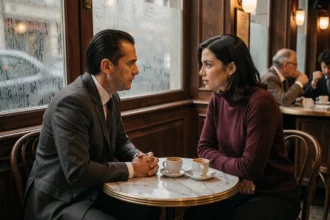 Reconstitution dramatique d'une rencontre tendue entre deux personnages des années 1970 dans un café parisien vintage, évoquant la relation controversée entre Jacques Mesrine et María de la Soledad