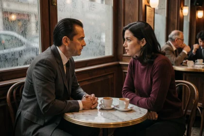 Reconstitution dramatique d'une rencontre tendue entre deux personnages des années 1970 dans un café parisien vintage, évoquant la relation controversée entre Jacques Mesrine et María de la Soledad
