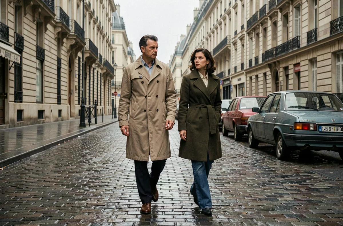 Scène de rue reconstituée dans le Paris des années 1970 montrant un couple marchant furtivement sur des pavés mouillés, en référence à la vie clandestine de Jacques Mesrine et de sa compagne María de la Soledad