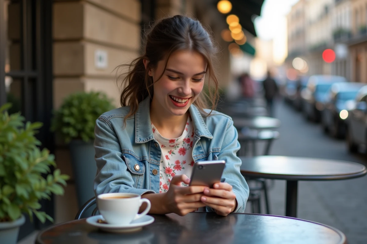 Jeune femme de 20 ans ému par un message d'anniversaire reçu à distance sur son téléphone dans un café