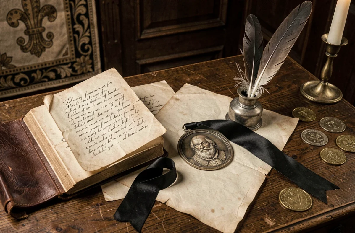 Nature morte historique avec journal, plume, ruban de deuil et médaillon royal sur un bureau en chêne du XVIIe siècle, évoquant la mort d'Henri IV et son héritage pour Louis XIII