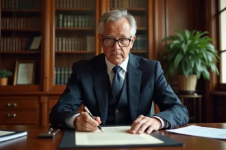 Notaire en costume marine révisant un testament sur un bureau en acajou dans un office notarial traditionnel