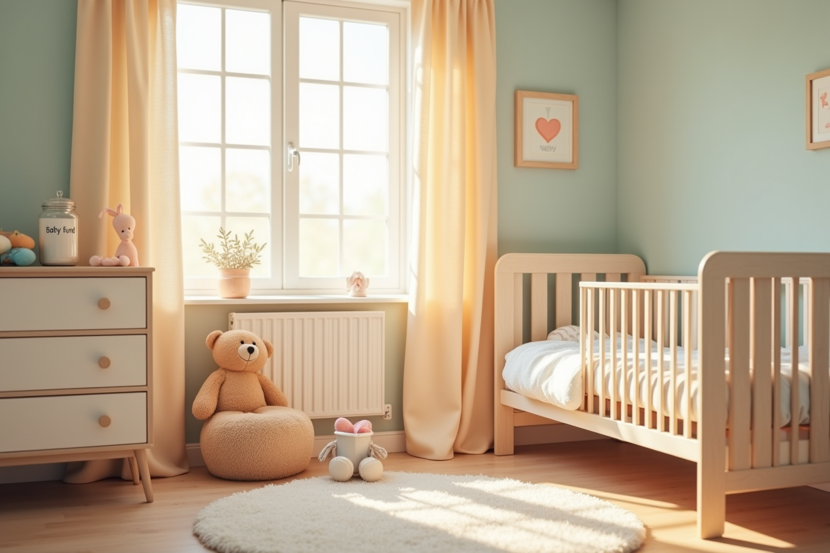 Chambre de bébé avec lit et accessoires pastel chaleureux