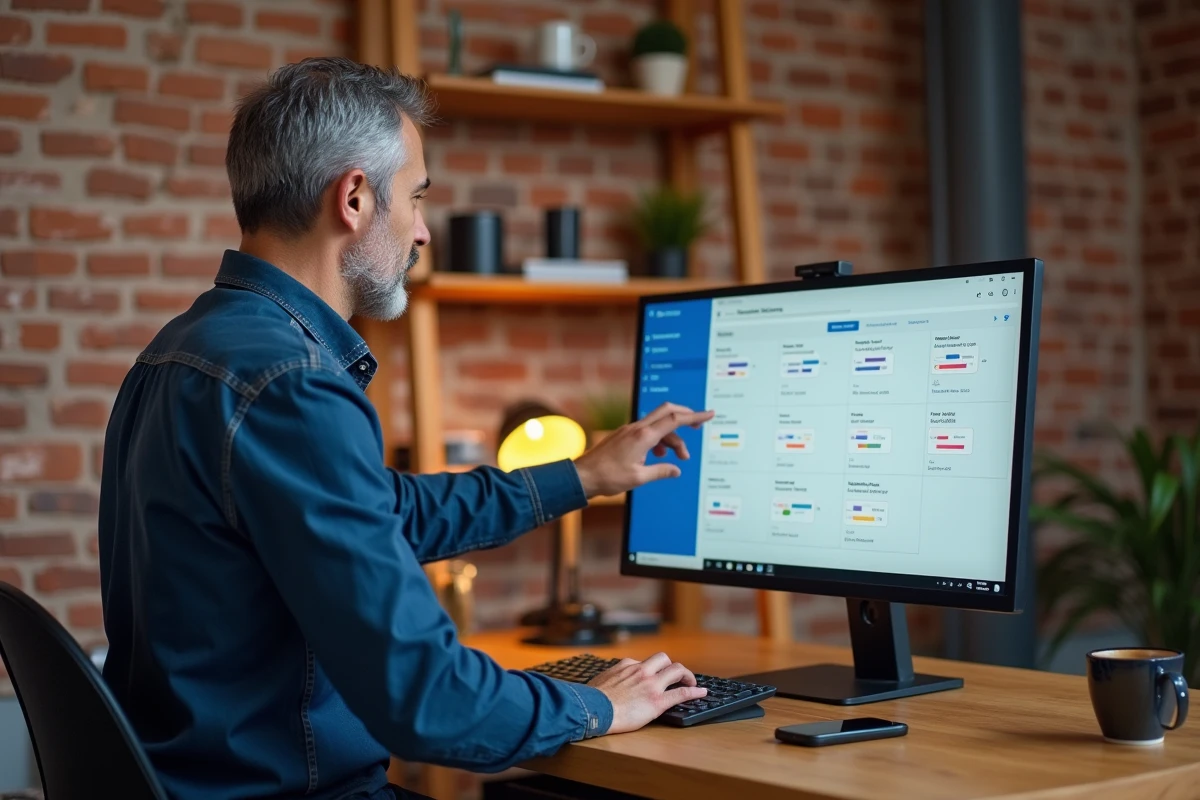 Homme utilisant Outlook Calendar avec calendrier semaines paires impaires affiché sur écran dans un bureau à domicile