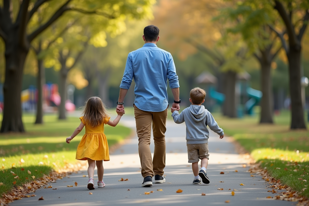 Père avec ses enfants dans un parc en automne