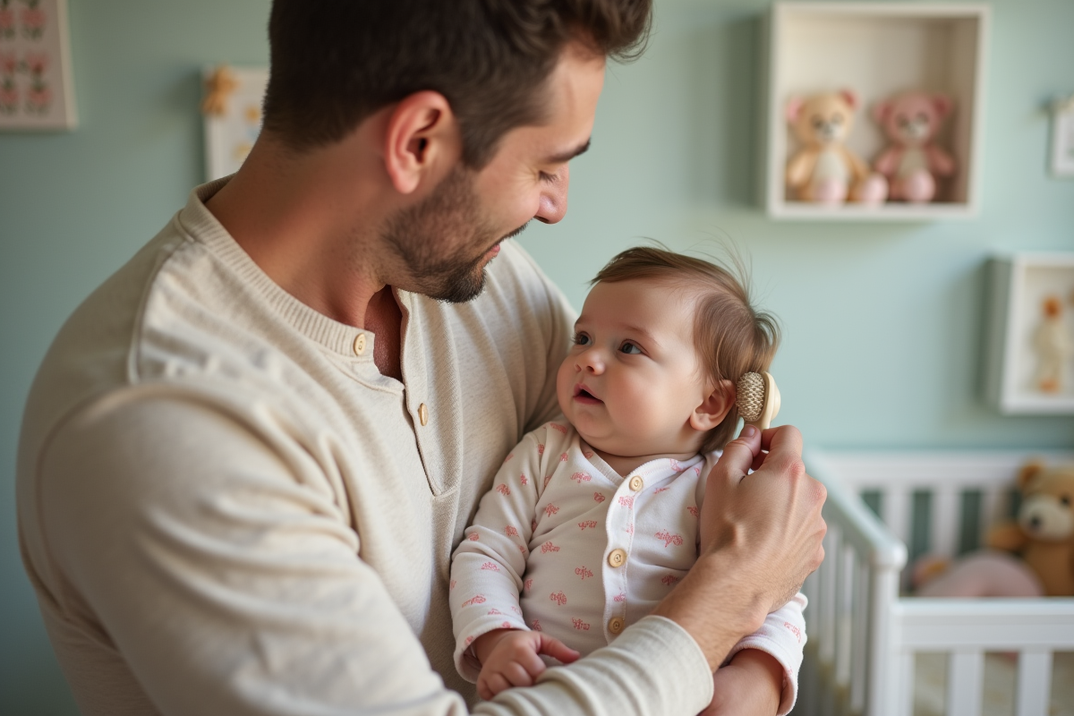 Papa coiffant doucement sa fille dans la nurserie