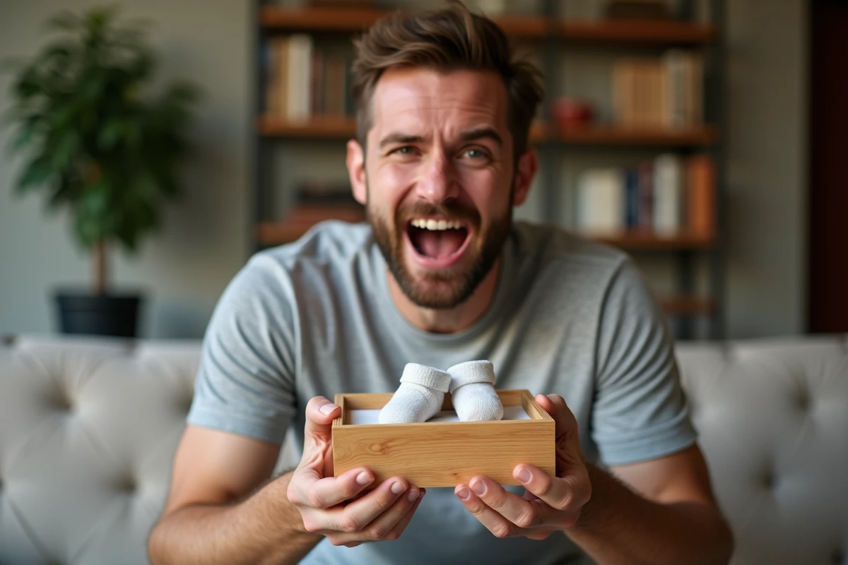 Papa découvrant un coffret personnalisé annonce grossesse avec petites chaussettes bébé, expression émue