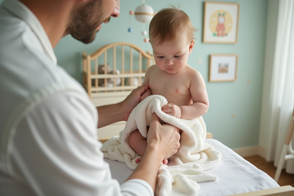 Pere essuyant son bébé dans la chambre de bébé