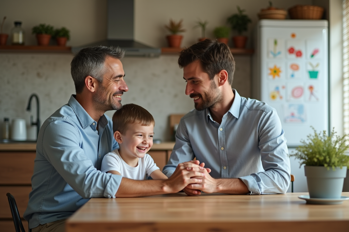 Père et fils discutant à la cuisine familiale