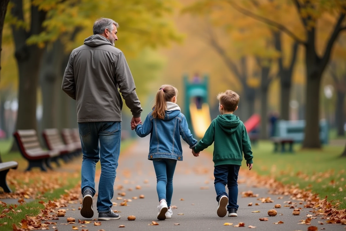 Père avec ses enfants dans un parc en automne